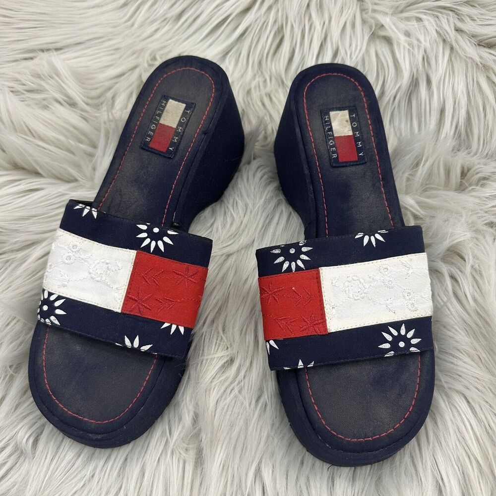 Tommy Hilfiger Women's Platform Slide Sandals Size 8.5 Chunky Y2K Flag Spellout - Picture 3 of 9